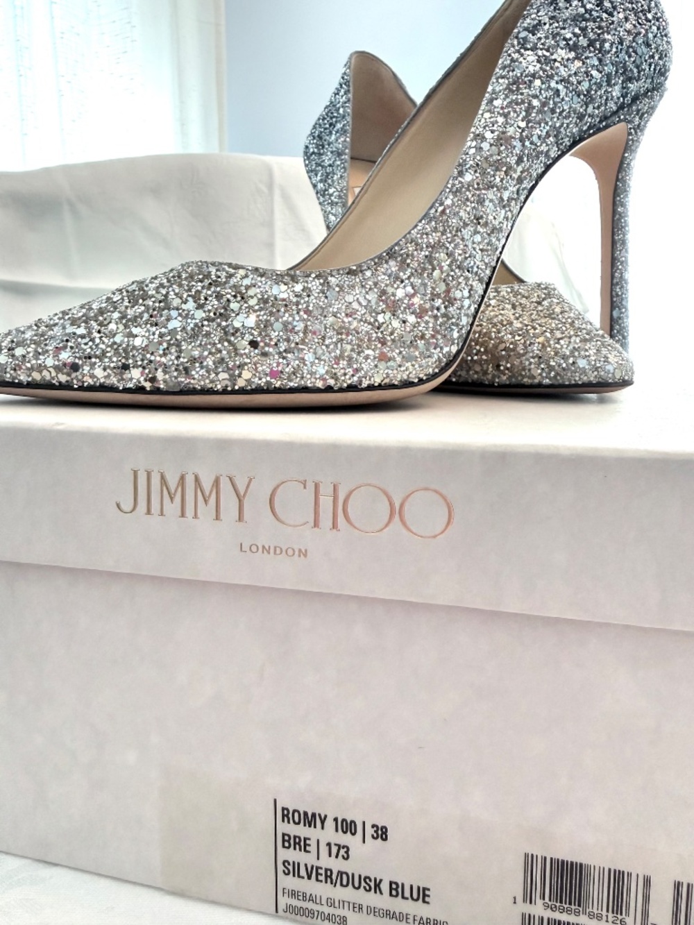 Jimmy Choo 38 Silver Dusk Blue Fireball Glitter 4 inch stiletto heel - Picture 4 of 5
